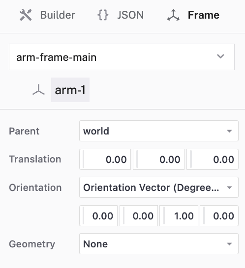 Frame card for an arm with the default reference frame settings